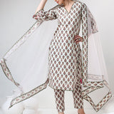Ivory Floral Printed Cotton Salwar Set With Olive Trim