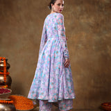 Sky Blue Floral Printed Georgette Anarkali Set With Fringed Dupatta