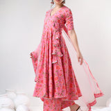 Rose Pink Floral Printed Cotton Anarkali Set With Tassel Ties