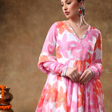 Pastel Pink Floral Printed Georgette Anarkali Set With Scalloped Edge