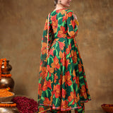 Emerald Green Botanical Printed Georgette Anarkali Set With Gota Detail