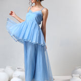 Sky Blue Organza Tiered Cami Set With Silver Piping