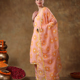 Peach Sunburst Printed Georgette Salwar Set With Yellow Accent Piping