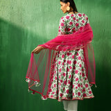 Ivory Rose Printed Blended Fabric Anarkali Set With Pink Dupatta