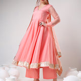 Blush Peach Cotton Anarkali Set With Metallic Gota Border