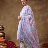 Sky Blue And Lilac Floral Printed Georgette Salwar Set With Gold Fringe