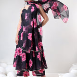 Jet Black Floral Printed Organza Tiered Anarkali Set