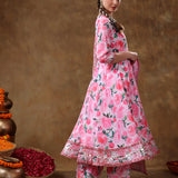 Rose Pink Floral Printed Georgette Anarkali Set With Metallic Borders