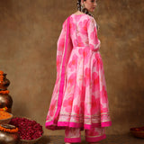 Blush Pink Floral Printed Organza Anarkali Set With Fuchsia Border