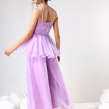 Lilac Organza Tiered Cami Set With Silver Piping