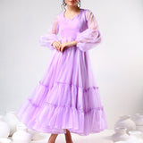 Lilac Organza Ruffled Gown With Sheer Puff Sleeves
