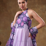 Lilac Floral Printed Georgette Halter Anarkali Set