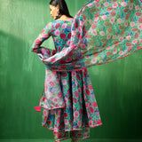 Turquoise Floral Printed Georgette Anarkali Set With Tiered Dupatta