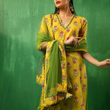 Mustard Yellow Floral Printed Cotton Salwar Set With Olive Pants