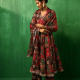 Deep Multicolour Floral Printed Blended Fabric Anarkali Set