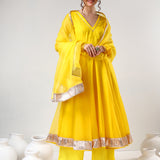 Sunshine Yellow Cotton Anarkali Set With Metalli Border