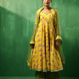 Sunflower Yellow Floral Printed Crepe Anarkali Set