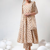 Beige Floral Printed Cotton Anarkali Set With Gota Trim