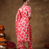 Coral Red Clover Motif Georgette Salwar Set With Fine Silver Trims