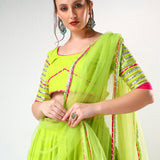 Neon Green Cotton Lehenga Set With Pink Striped Border