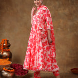 Coral Pink Angrakha Style Georgette Anarkali Set With Tassel Accent