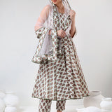 Ivory Floral Printed Cotton Anarkali Set With Olive Trim