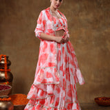 Coral Floral Printed Organza Draped Lehenga Set