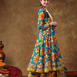 Teal Floral Printed Blended Fabric Anarkali Set With Mustard Border