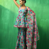 Turquoise Floral Printed Georgette Sharara Set