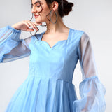 Sky Blue Organza Ruffled Gown With Sheer Puff Sleeves
