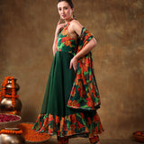 Bottle Green Floral Printed Georgette Halter Anarkali Set