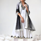 Ivory Scalloped Cotton Anarkali Set With Black Trim