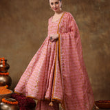 Mustard And Pink Jaal Print Blended Fabric Anarkali Set