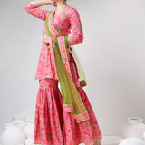 Coral Pink Floral Printed Cotton Sharara Set With Green Dupatta