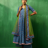 Cobalt Blue Floral Printed Cotton Anarkali Set With Green Dupatta