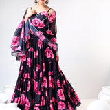Jet Black Floral Printed Organza Tiered Lehenga Set