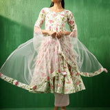 Ivory Rose Printed Blended Fabric Anarkali Set With Pastel Dupatta