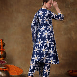 Midnight Blue Daisy Printed Georgette Salwar Set With Delicate Pearl Lace