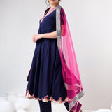Navy Blue Cotton Anarkali Set With Scalloped Gold Hem