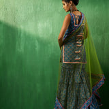 Cobalt Blue Floral Printed Cotton Sharara Set With Green Dupatta