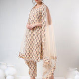 Beige Floral Printed Cotton Salwar Set With Halter Neck