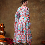 Multicolor Floral Printed Georgette Anarkali Set With Silver Lace Trim
