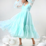 Mint Green Organza Ruffled Gown With Sheer Puff Sleeves