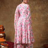 Blush Pink Tulip Printed Georgette Anarkali Set With Gold Fringe