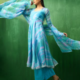 Aqua Marble Printed Georgette Anarkali Set With Tiered Hem