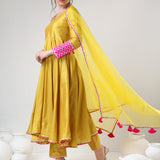Mustard Yellow Cotton Anarkali Set With Pink Chevron Cuffs