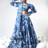 Denim Blue Floral Printed Organza Ruffled Lehenga Set