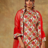 Red Floral Medallion Printed Sleeveless Salwar Set With Net Dupatta
