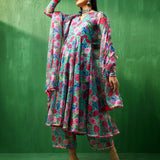 Turquoise Floral Printed Georgette Anarkali Set With Tiered Dupatta