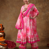 Blush Pink Floral Printed Organza Anarkali Set With Fuchsia Border